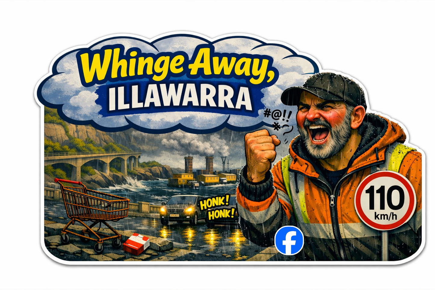 Whinge Away, Illawarra – Tradie Rage Facebook Edition Die Cut Vinyl Sticker 150mm