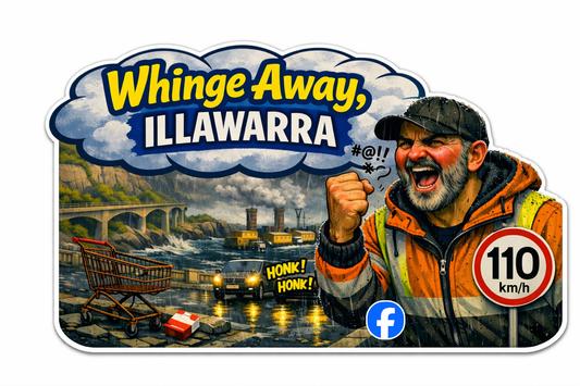 Whinge Away, Illawarra – Tradie Rage Facebook Edition Die Cut Vinyl Sticker 150mm